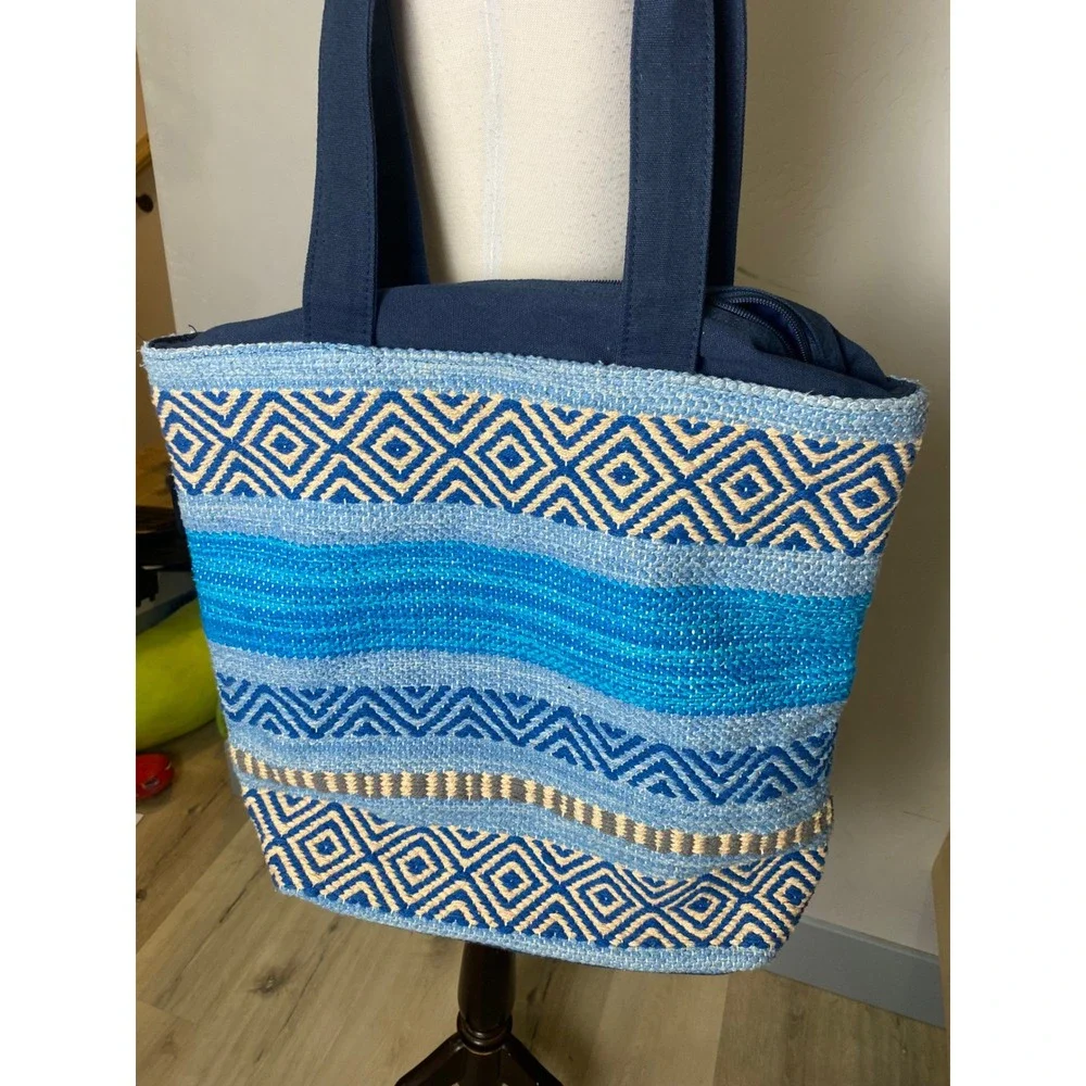 Catori Sun N Sand Blue Woven Geometric Tote Bag 90s Y2K Boho Shoulder Bag